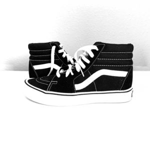 Black and white high top Vans